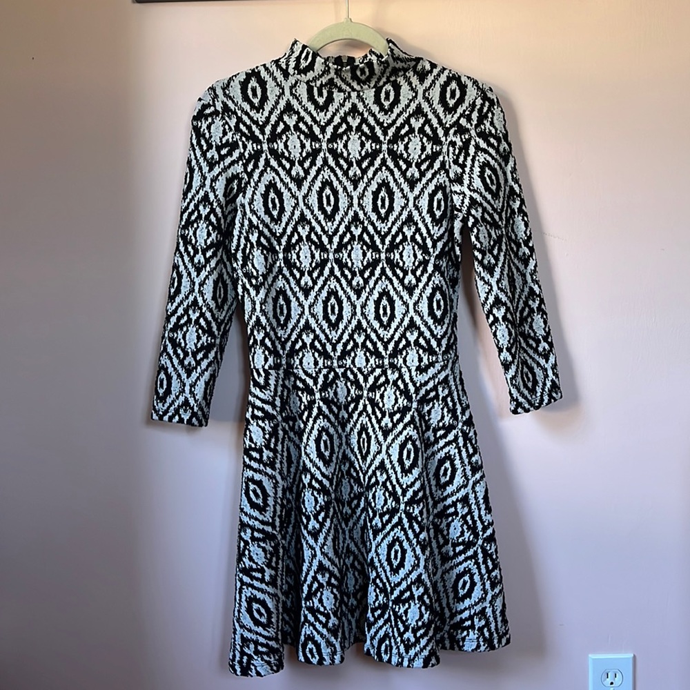 H&M Textured Cotton-blend Zip Mock Neck 3/4 Sleeve Skater Dress Size S